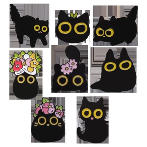 Set of 8 cute black cat enamel pins with floral details in various playful poses