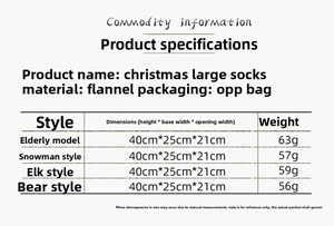 Detailed size chart for Christmas stockings showing dimensions for Santa and Snowman styles
