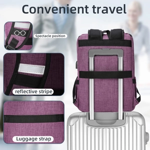 Purple travel backpack details showing luggage strap, reflective strip, and glasses holder