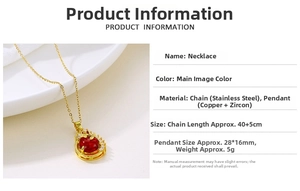 Detail of red teardrop zircon pendant necklace with gold plated chain and lobster clasp