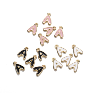 Detailed view of alloy enamel letter A charms in pink, black, and white with gold trim