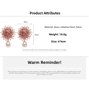 Detailed size specifications for pink fabric flower earrings with teardrop pearls
