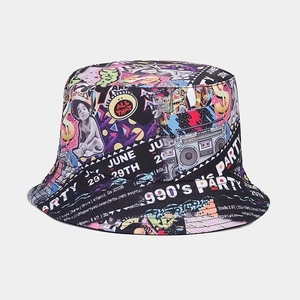 Close-up of hip hop graffiti print with retro radio and crown baby on bucket hat