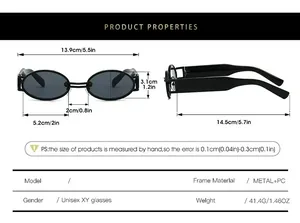 Size chart detail for vintage oval sunglasses showing lens width and frame dimensions