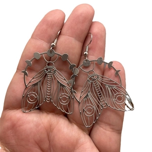 Bohemian silver hollow moth pendant earrings with moon phase design in stainless steel