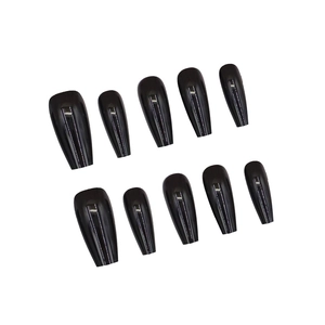 Glossy black long coffin press-on nails in a minimalist solid color set of ten pieces