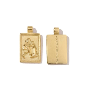 Macro detail of gold 18k stainless steel Aquarius pendant with relief and lettering
