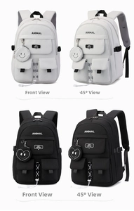 Front and 45-degree side view of casual multi-pocket backpack with drawstring detail