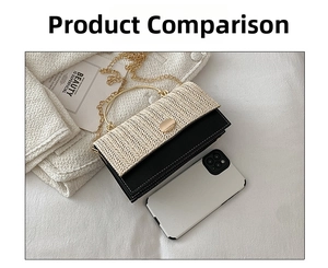 Top view of woven mini handbag with gold ring handle and metal chain showing size comparison