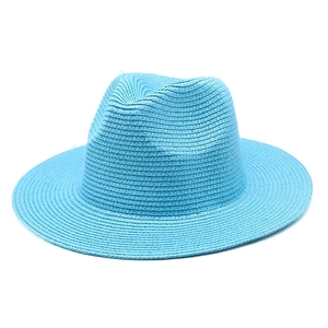 Cappello di paglia celeste a tesa larga e forma classica Fedora per protezione solare