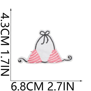 Pink striped bikini embroidery patch showing precise dimensions of 4.3cm by 6.8cm