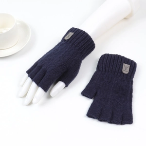 Winter knitted fingerless gloves in dark blue with deer head patch for office typing