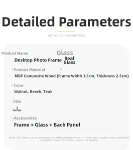 Detailed specs of a 3-inch MDF wood photo frame with glass cover and 3 color options