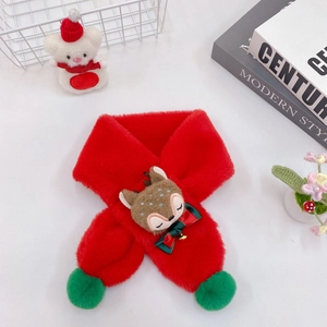 Kids red plush faux rabbit fur winter scarf with 3D cartoon reindeer and green pom-poms