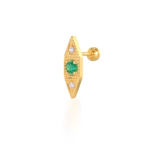 Macro di piercing a rombo dorato con gemma verde e chiusura a vite di sicurezza