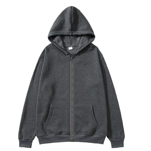 Detailed flat lay of dark heather grey zip-up hoodie with drawstring and rib-knit cuffs