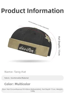Detailed view of color-block docker hat with adjustable 55-60cm circumference specs