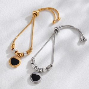 Bracelets réglables en acier inoxydable avec cœurs en émail noir et finitions or argent