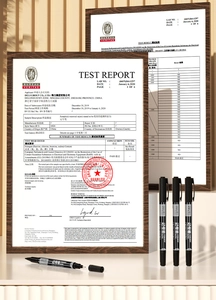 Detail of Deli dual-tip permanent marker next to a professional test report pass certificate