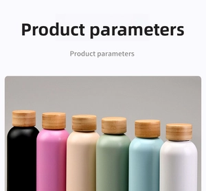 Row of matte colorful stainless steel bottles featuring natural bamboo textured lids