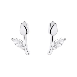S925 silver tulip stud earrings with marquise-cut zircon leaf on white background