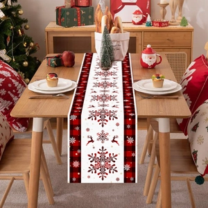 Christmas Table Runner Polyester Plaid Reindeer Snowflake Pattern Festive Dining Room Party Table Decoration