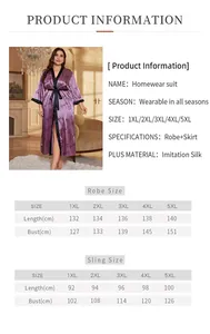 Detailed size chart for plus size purple satin sleepwear set featuring robe and slip dress