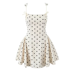 Sleeveless off-the-shoulder polka dot dress in beige with slim fit high waist design