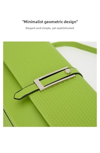 Detail of green woven leather patchwork bag with silver geometric metal lock