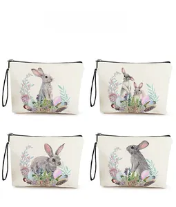 Set of four Easter canvas pouches featuring vintage bunny and succulent plant prints