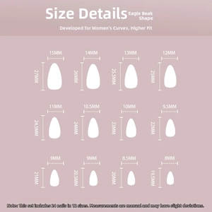 Detailed sizing chart for press-on nails showing eagle beak shape dimensions in millimeters