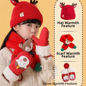 Three-piece red Christmas knit set with reindeer hat, scarf, and fleece-lined mittens