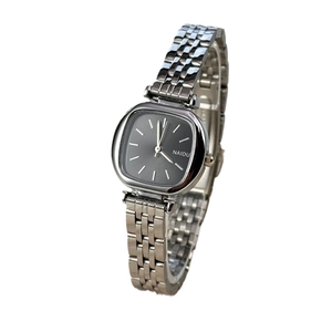 Elegant ladies quartz watch with square black dial and silver stainless steel strap