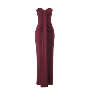 Detail of the ruching texture and backless design on this wine red bodycon dress