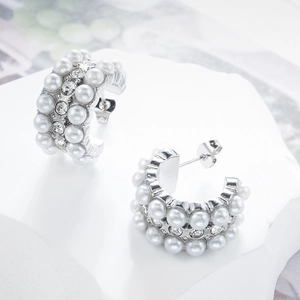 French vintage silver C-shaped titanium steel earrings with white pearls and crystals