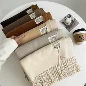 Women Soft Faux Cashmere Scarf Double Sided Solid Color Winter Warm Tassel Shawl Wrap Elegant Minimalist Scarf For Daily Commuting