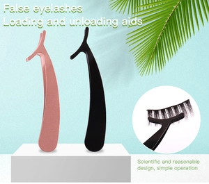 Pink and black stainless steel eyelash tweezers tool shown with palm leaf and usage guide