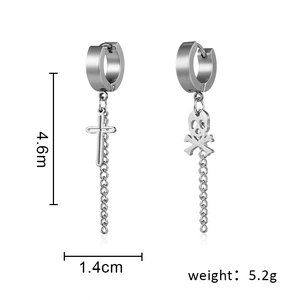 Asymmetric stainless steel skull and cross dangle earrings with chains and size info