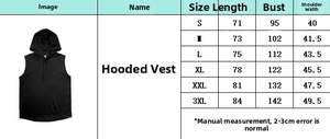 Detailed size chart for sleeveless hooded top with measurements for S to 3XL