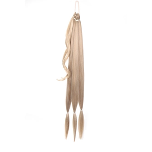 Macro detail of a long blonde braided ponytail extension with top loop and smooth texture