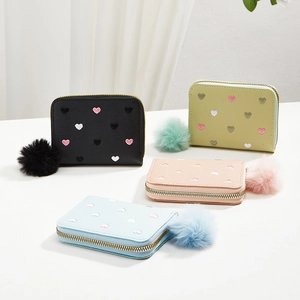 Women Mini Wallet Heart Embroidery PU Leather Zip Around Card Holder Coin Purse With Pompom Pendant Macaron Colors