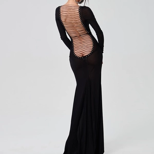 Elegant backless long sleeve maxi dress with mesh cutouts and stylish lace-up metal eyelets