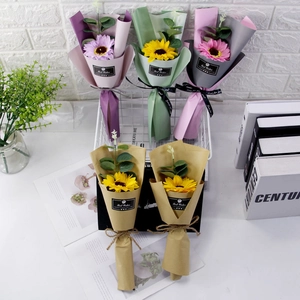 Sunflower and eucalyptus soap flower bouquets in colorful gift wrap for teachers gift