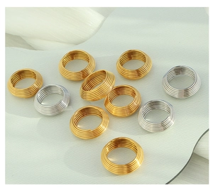 Detailed close-up of multilayer striped 18K gold and silver plated spiral rings