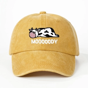 Vintage ginger yellow washed cotton baseball cap with embroidered MOOOOODY cow design