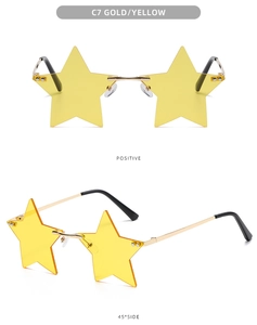 Detail of star-shaped yellow lenses and gold metal frame sunglasses in multiple views