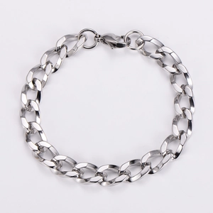 Detailed close-up of 9.5mm stainless steel Cuban link bracelet with lobster clasp
