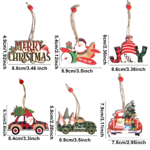 Wooden Christmas hanging ornaments set with Santa and dwarf designs in red and green