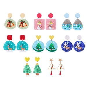 Detailed set of 8 pairs of colorful acrylic Christmas earrings featuring festive holiday patterns