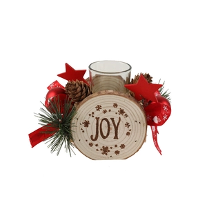 Christmas wooden candle holder with JOY engraving, pine cones and red ribbon decoration